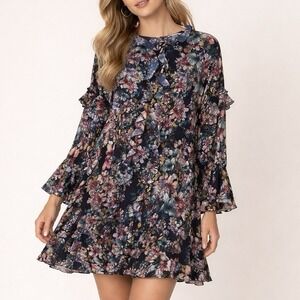 H&M Women's Semi Sheer Ruffle Black Floral Dress Size 2 Whimsical Dark Fairy